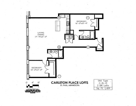 Floor plan for 2 beds, 2 baths, 1429 sqft